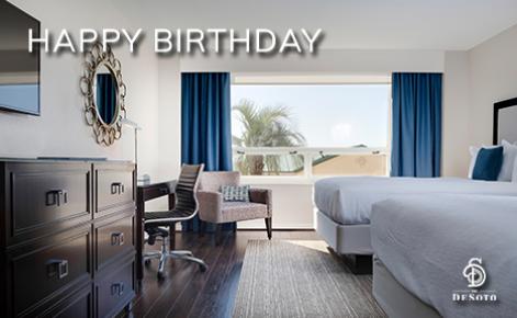 eGift Card image of hotel room with the text “Happy Birthday” and The DeSoto logo