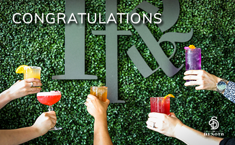 eGift Card image of hands holding up various cocktails with the text “Congratulations” and The DeSoto logo