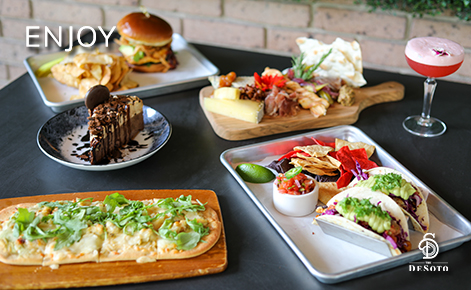 eGift Card image of a selection of food from the restaurant with the text “Enjoy” and The DeSoto logo