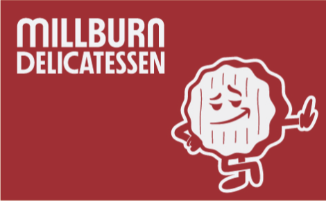 Millburn Delicatessen logo, with pickle chip mascot leaning on edge of photo