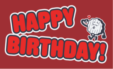 Happy Birthday! with pickle chip mascot blowing a kiss