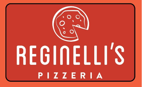 orange background. Red digital gift card. White pizza logo and Reginellis Pizzeria in white underneath.