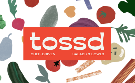 Tossd logo with background of vegetables drawings