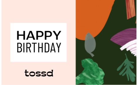 Gift card with Happy Birthday phrase along with Tossd logo and vegetables drawing design