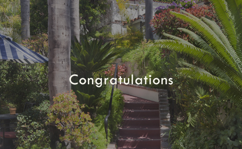 Gift card image of the path leading to the pool with the text “Congratulations” 