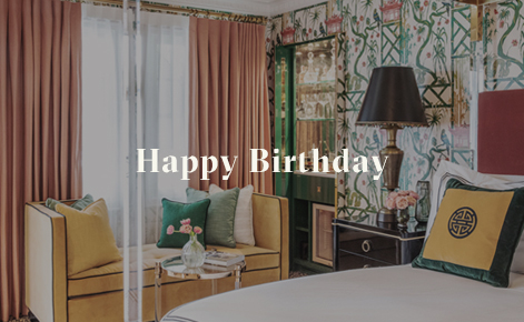 Gift card image of hotel room with the text “Happy Birthday”